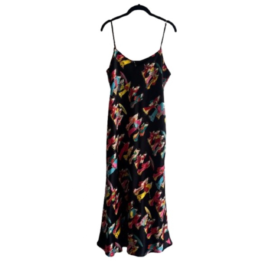 Natori Black Midi Slip Dress with Multicolor Abstract Print